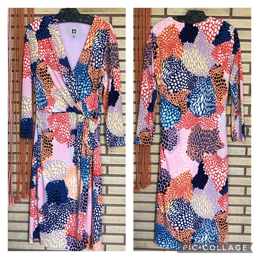 Confetti Print Faux Wrap Midi Dress - Anne Klein - Size 8 - Stretch Dress